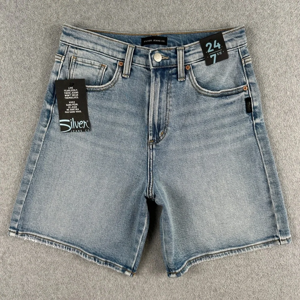 NEW Silver Jean Shorts Denim Womens 24 Indigo Vintage Long High Rise Whisker NWT